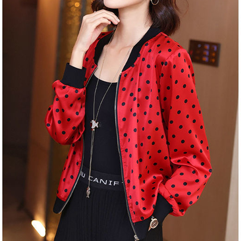 Knitted chiffon summer Spring and Autumn new long-sleeved sun protection clothing Red thin short coat women's plus size polka dot baseball uniform