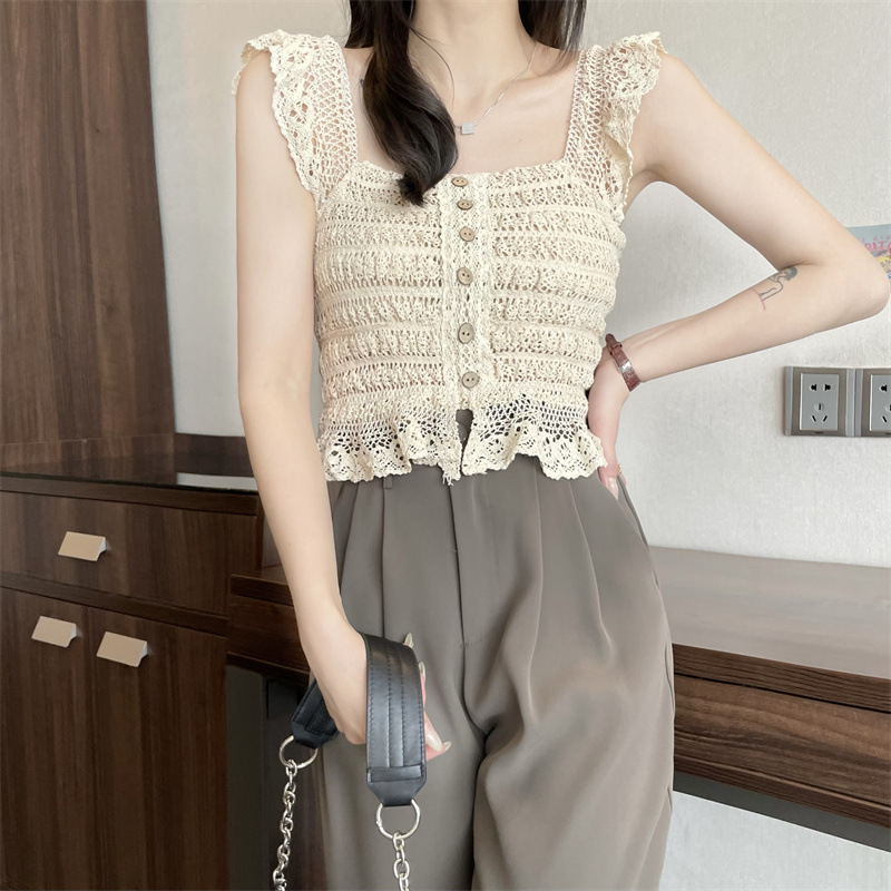 Summer French style collarbone square collar small shirt unique chic lace sleeveless strap slim short small flying sleeve top for women