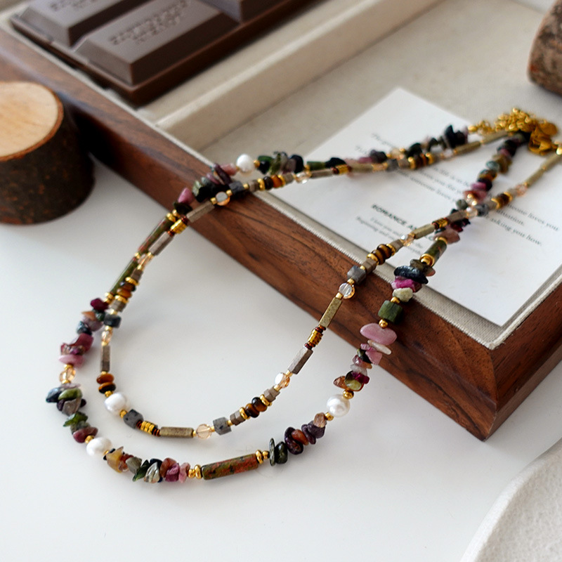 Natural Stone Pearl Necklace Colorfulful Tourmaline Beaded Niche Design Necklace Literary Retro Elegant Clavicle Chain for Women