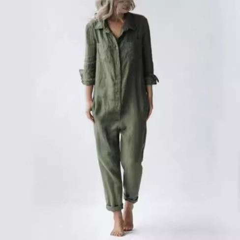 2023 foreign trade hot casual lapel pocket long sleeve solid color cotton jumpsuit green