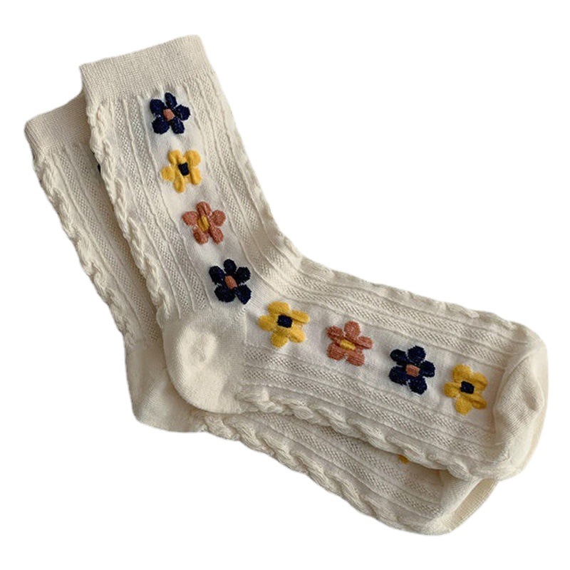 Korean Spring and Summer Flower Socks Japanese Style Retro Sweet Hyun Style Embossed Small Flower Thread Artistic Mid-tube Stockings for Women