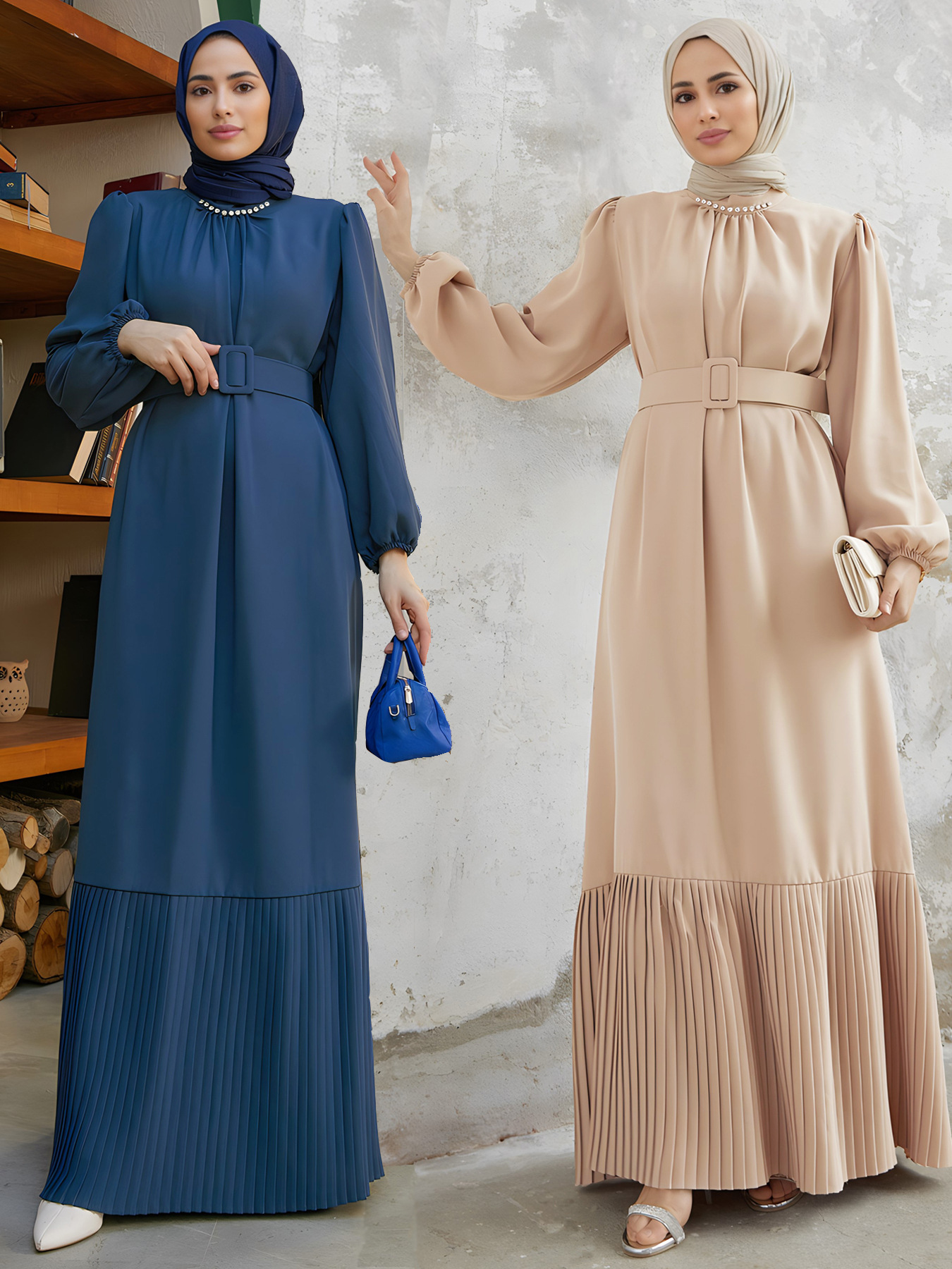 A1457 Elegant Beaded Pleated dress Middle Eastern Muslim Dress (Turban Not Included)