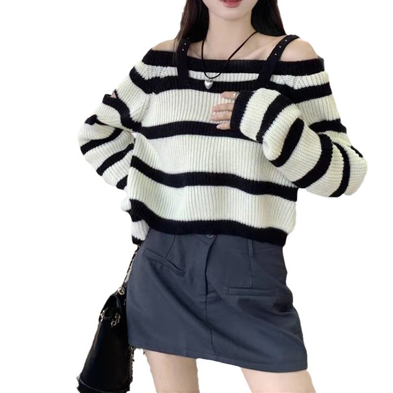 Picture of Sweet and spicy sweater women's autumn online celebrity new high-grade strap off-shoulder striped contrast color long-sleeved top