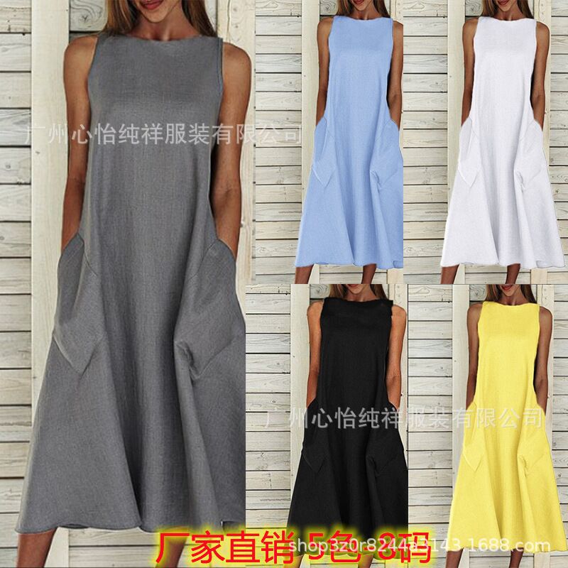 Cotton and linen plus size boutique ethnic Greek style long dress European and American Amazon spring and summer women's sleeveless A- line dress