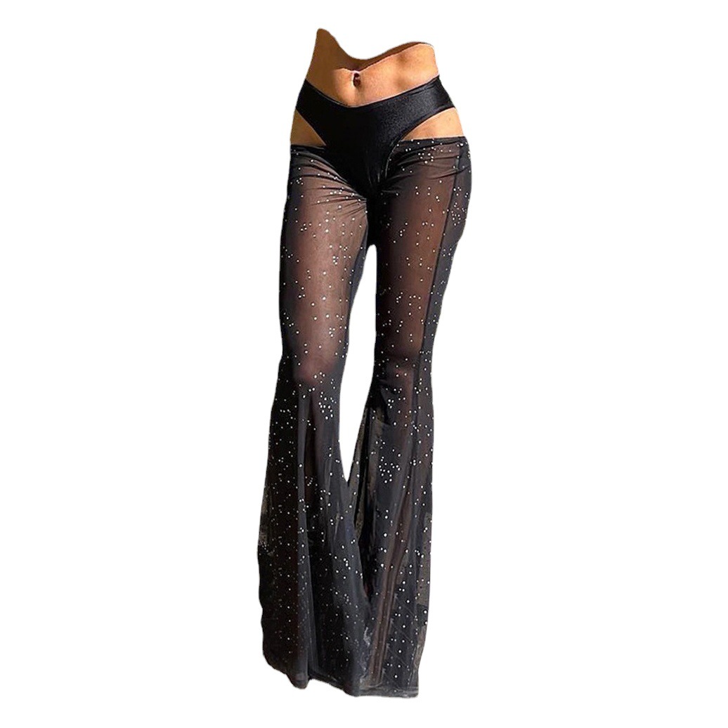 AliExpress European and American women's clothing 2022 waist stitching perspective sexy flared pants women's pants new trousers
