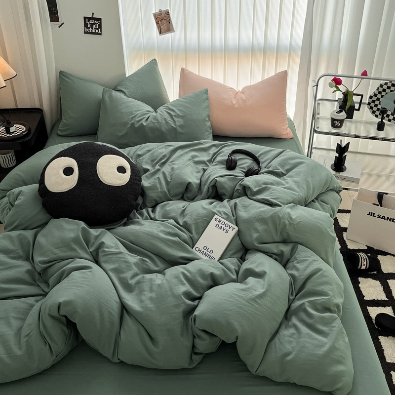 Picture of Four-piece bed set A can sleep naked wash cotton quilt cover solid color bed sheets student dormitory three-piece bed hat wholesale 4
