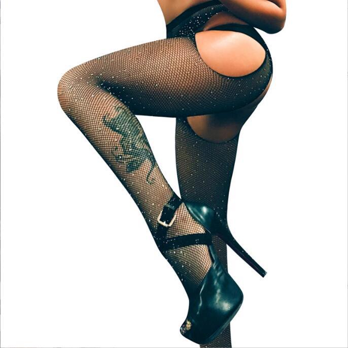Picture of Ready Stock Sexy Fishnet Stockings with Hot Rhinestones, Four-Sided Openings, No Need to Take Off, Small Mesh Pantyhose, Cut Out Fine Mesh Encrypted Leggings for Women at Night