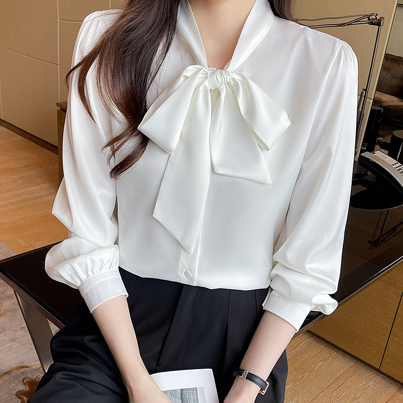 Real Shot 2023 Spring White Long-sleeved Chiffon Shirt Women's Draped Korean Style Ribbon Top Gentle Style Shirt