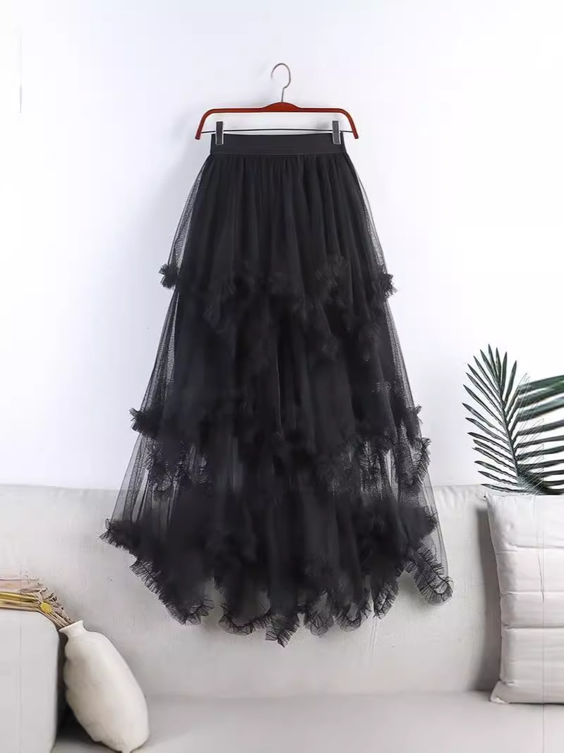 Sweet Asymmetrical Mesh Skirt 2025 New High-Waisted Mid-Length A-Line Fluffy Fairy Cake Skirt Skirt for Women