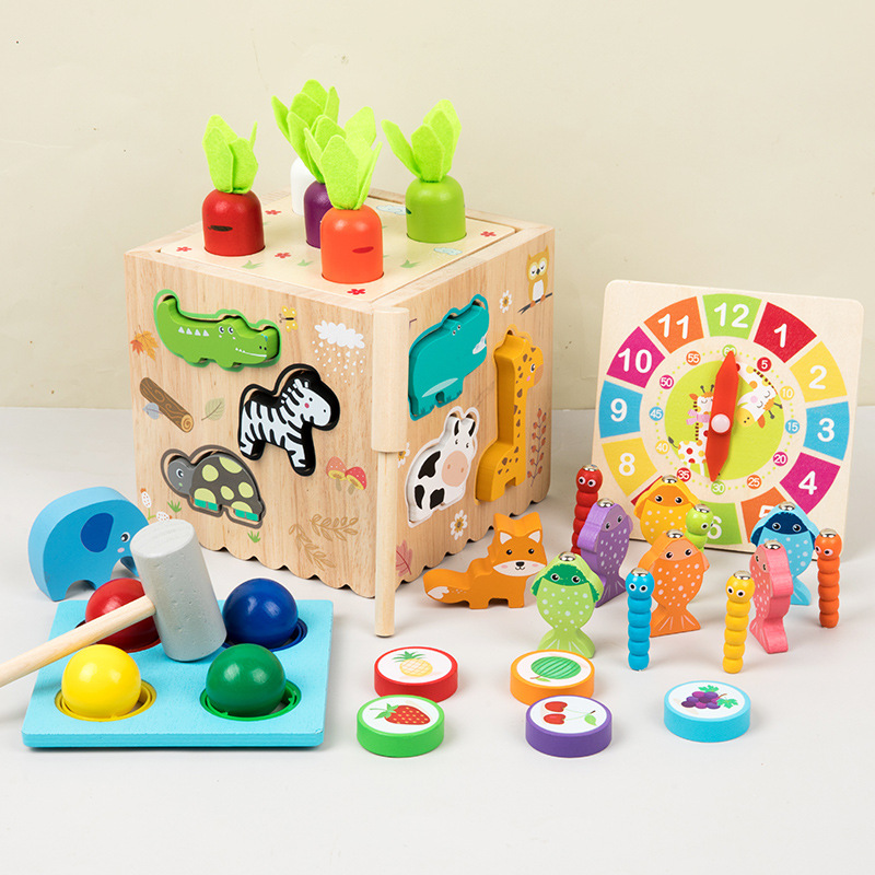 Cross-border Children's Montessori Eight-in-One Knocking Ball Animal Matching Clock Fish Pulling Radish Intelligence Box Early Education Educational Toys