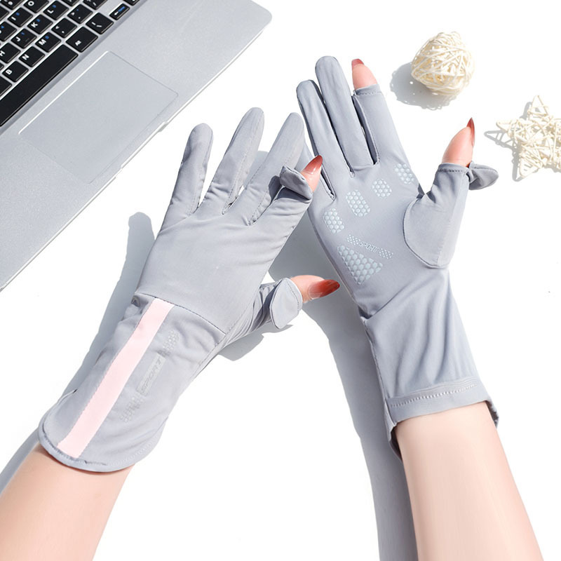 Picture of Summer sun protection gloves women's Thin Ice Silk UV-proof open finger touch screen driving riding non-slip mid-length breathable