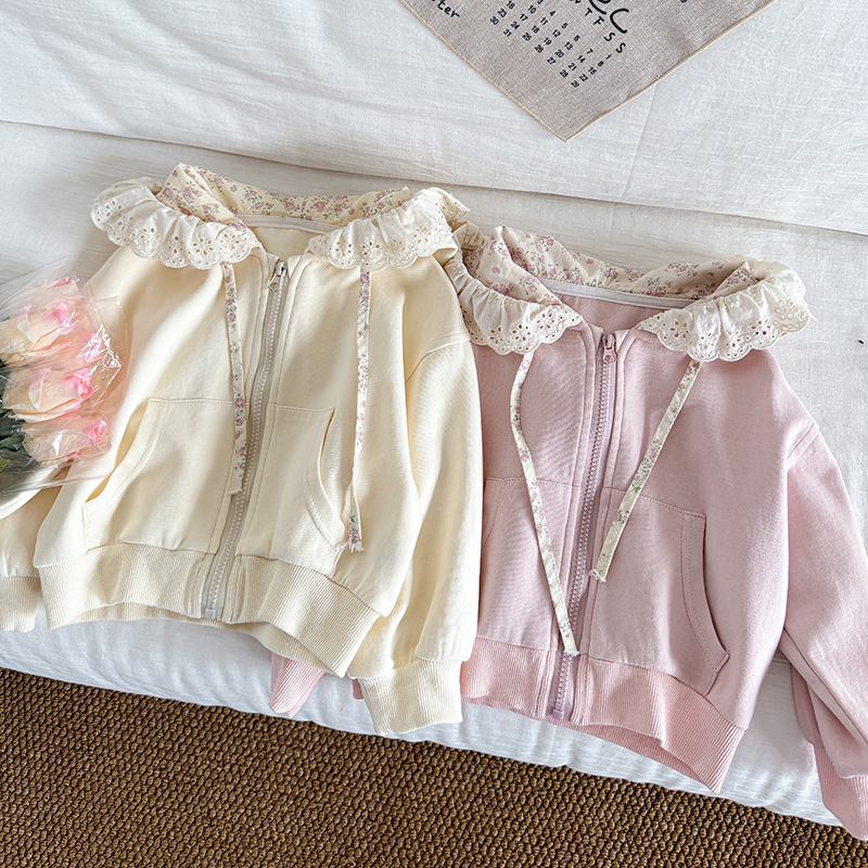 Girls Korean Style Outwear 2025 New Kidsren's Spring & Fall Pastoral Cute Versatile Hooded Lace Knitted Sweatshirt