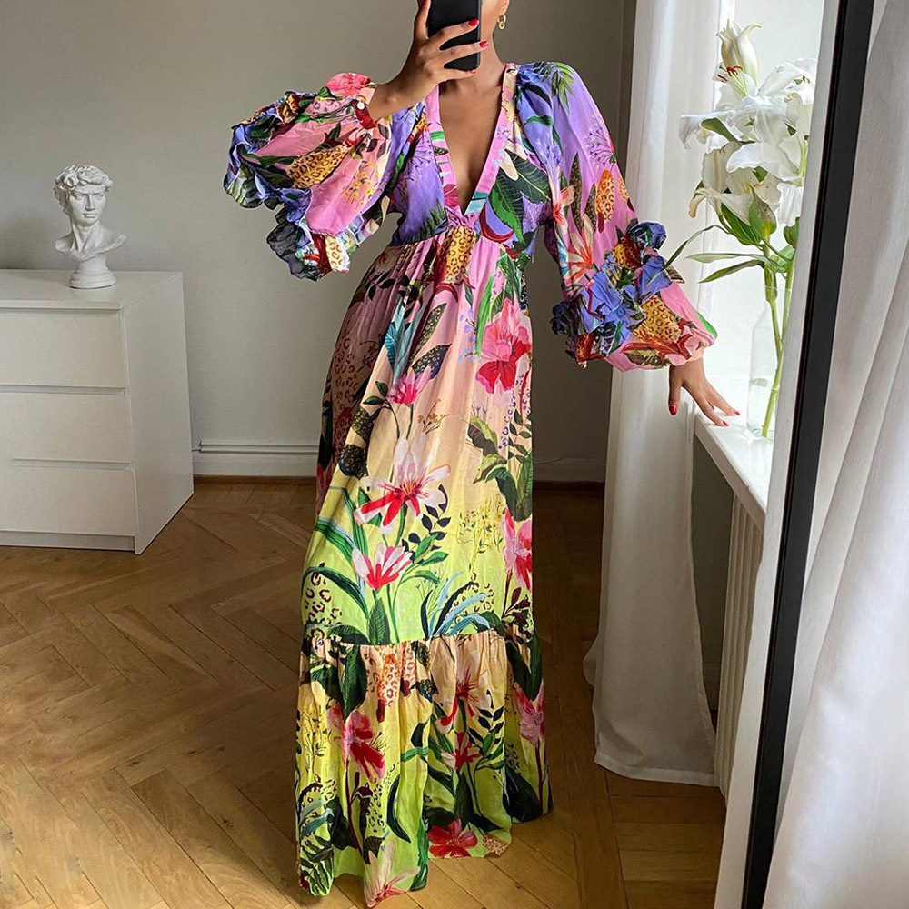 2025 Summer Amazon New Printed Gradient Color Ruffled V Neck Sexy Slim Long Dress