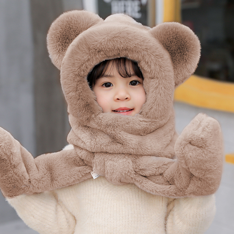 Picture of Children's hat winter boys and girls fleece-lined bear cute ear cap scarf gloves one-piece thick warm three-piece set
