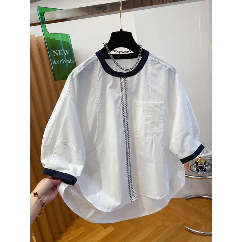 White Round Neck Shirt Women's Short-Sleeved Summer New Loose Work Clothing Cotton Five-Quarter Sleeve Mid-Sleeve Baby Doll Top for Women