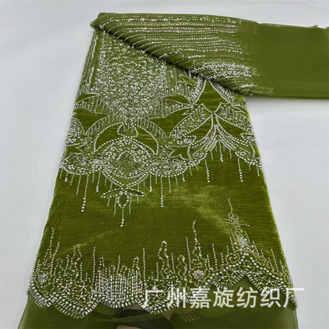 European and American semi-flocked, beaded tube, sequins, embroidered velvet fabric, spliced mesh fabric, temperament, cheongsam, performance dress, wedding dress, fabric