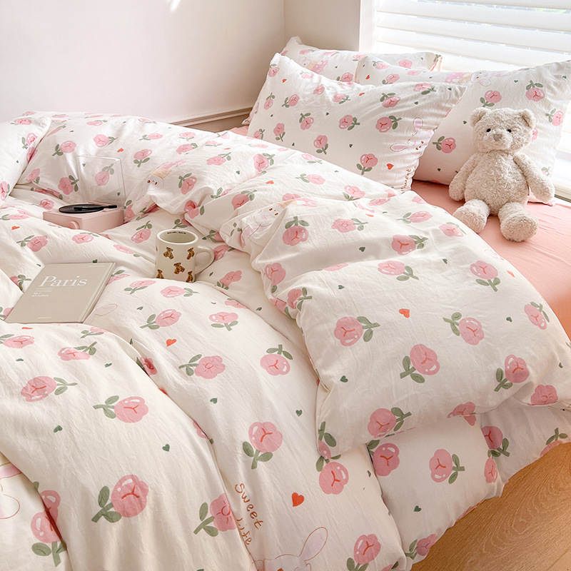 Class A Mother and Infant Grade Washed Cotton Four-piece Set Cotton ins Style Cartoon Fresh Cotton Bed Cover Three-piece Set