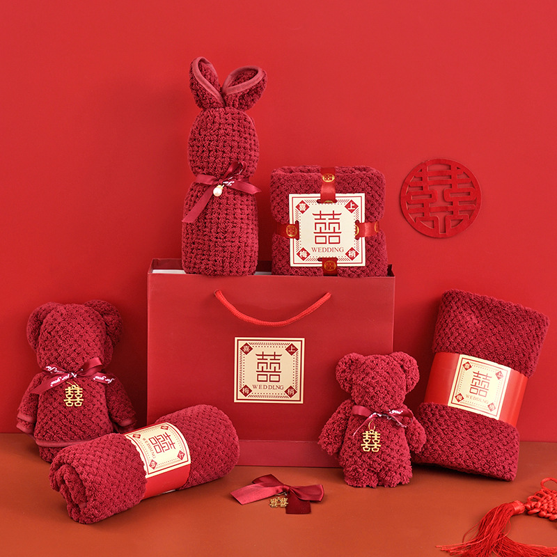 Picture of Bear towel wholesale wedding hand gift wine red wedding gift wedding gift hand gift towel