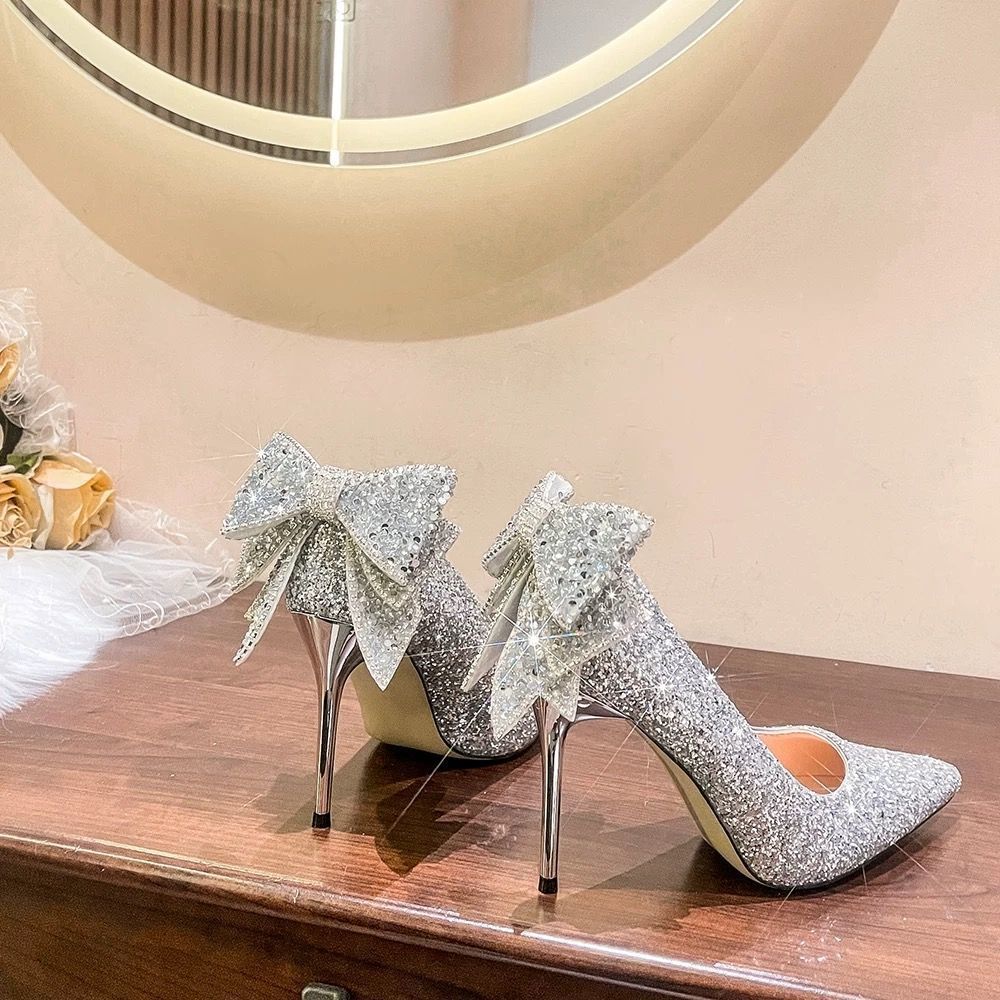 Silver high heels 2023 new spring and autumn sequined Diamond Crystal main yarn wedding shoes Xiuhe two-way bridal wedding dress