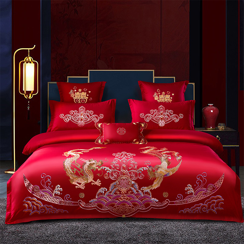 Picture of Wedding Four-Piece Set Embroidered Wedding Pure Cotton Bright Red Wedding Room Embroidered Bedding Quilt Bedding