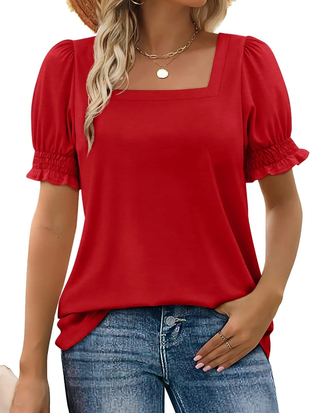 Cross-border European and American foreign trade Amazon independent station 2024 spring and summer new fashion simple U-collar petal sleeve loose T-shirt