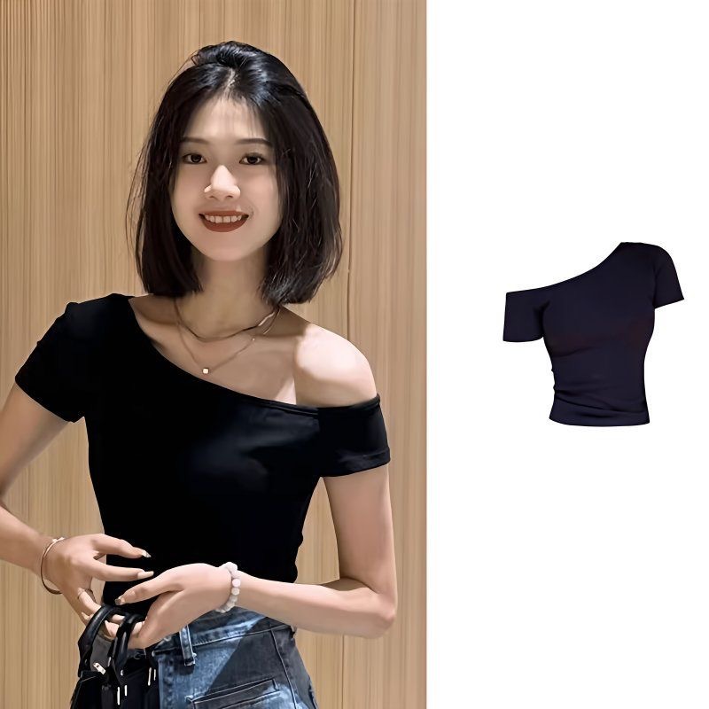 Sexy American Hot Girl Slanted Shoulder Short Sleeve T-Shirt 2025 Season New Slim Fit Short Versatile Women's Top