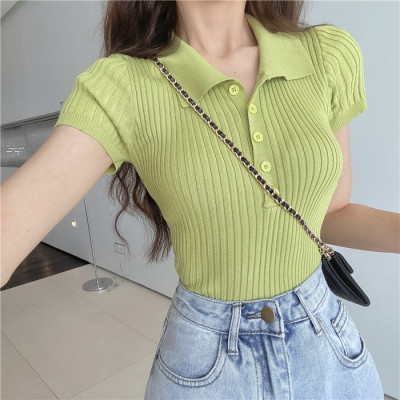 2023 Summer Internet Popular Korean Style Retro Small Lapel Short-Sleeved Knitted T-Shirt Women's Slim-Fit Slimming Short Top ins
