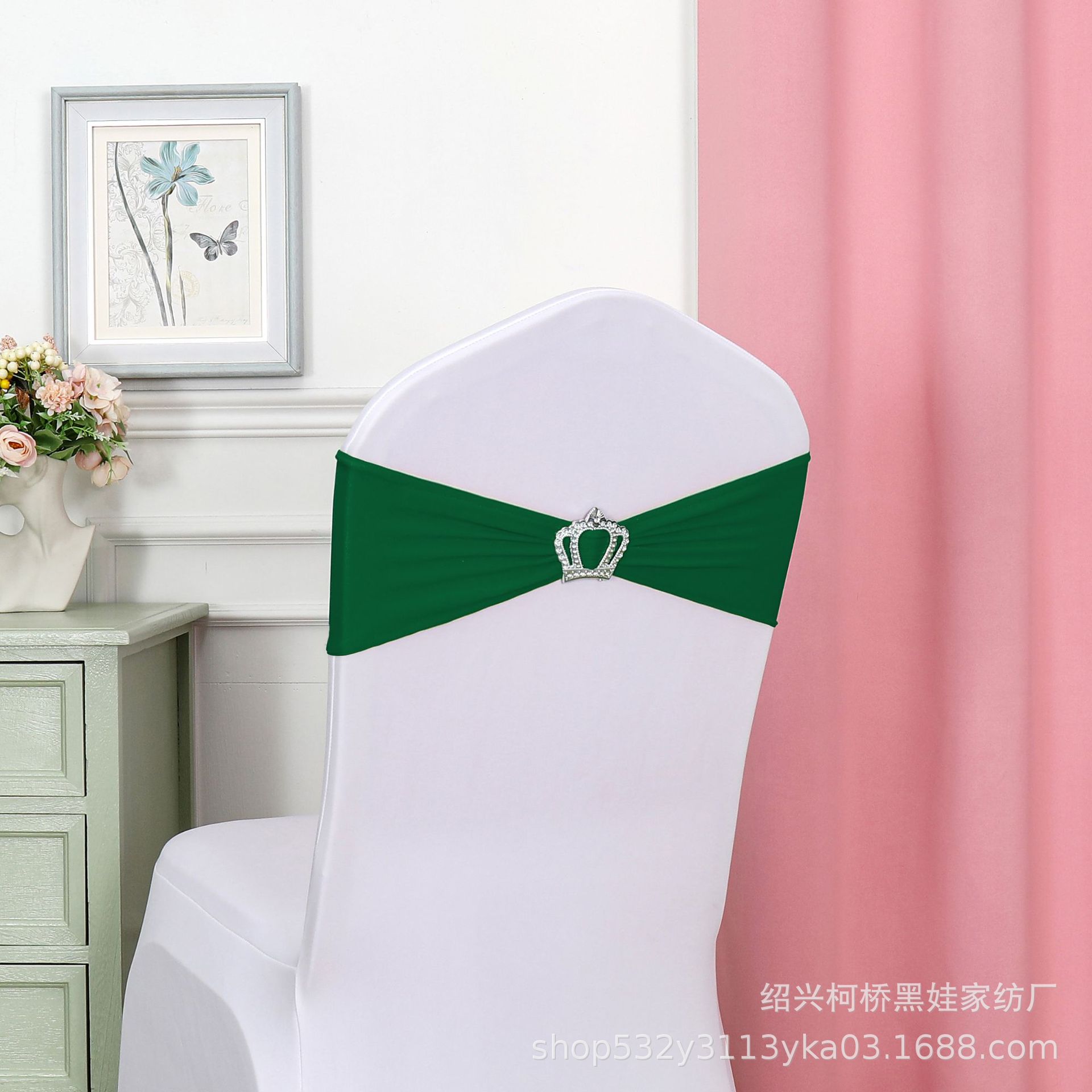 Picture of Chair Back Flower Bow Crown Diamond Buckle Elastic Banquet Chair Set Decoration Free Wedding Strap Ribbon Wedding Ribbon