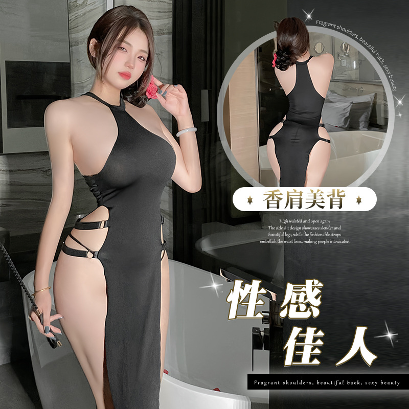 Sexy Lingerie Pure High Split Long Skirt Cheongsam Pajamas Women's Hot Passion No-take-off Uniform suit 8424