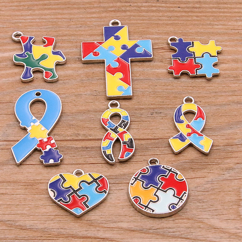 Picture of 8 Styles, 2 Colors DIY Alloy Jewelry Contrasting Color Puzzle Autism Pendant Round Heart Puzzle Asymmetrical Pendant