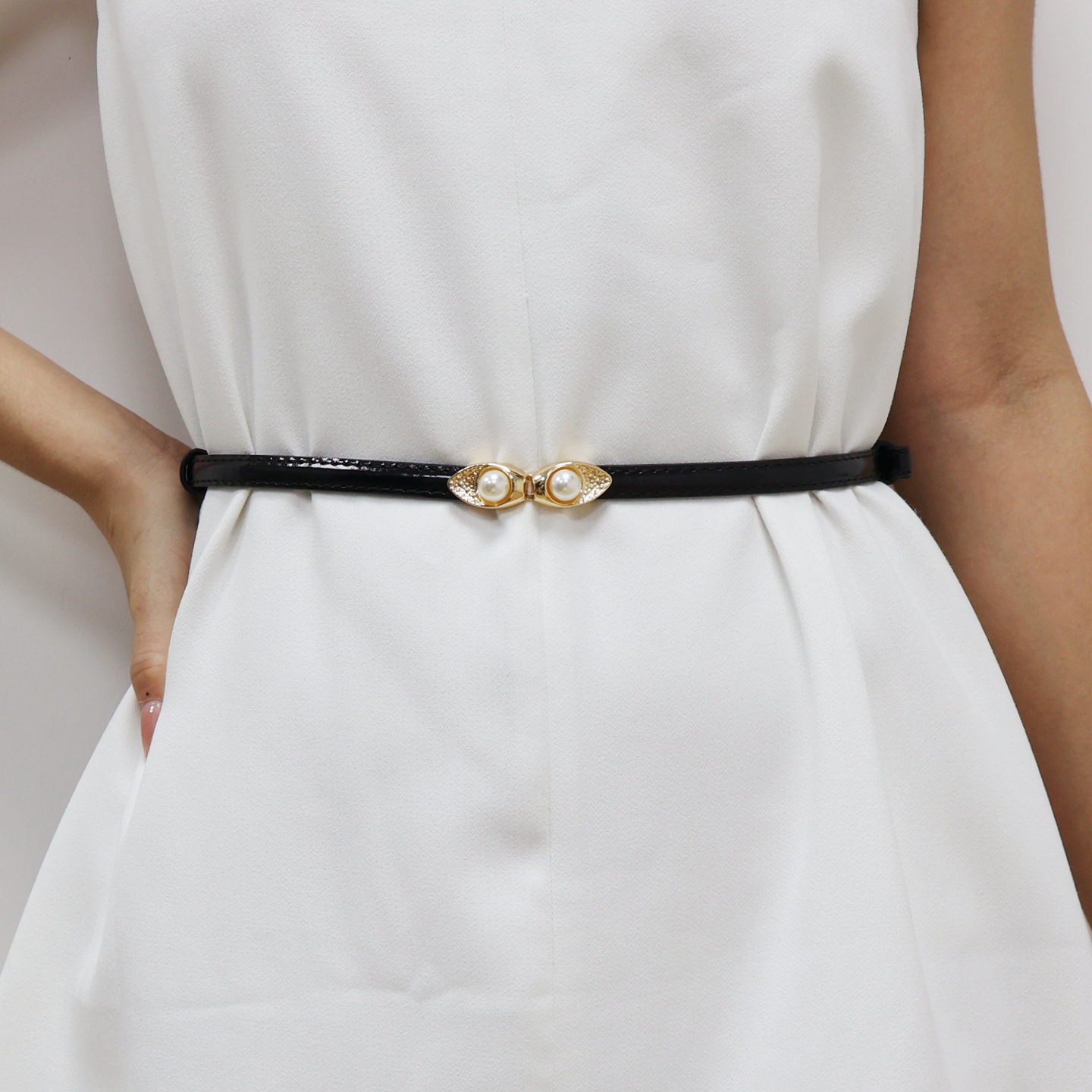 Pearl buckle waist seal women's belt strap elastic, stretch fine black with skirt decoration dress belt girl