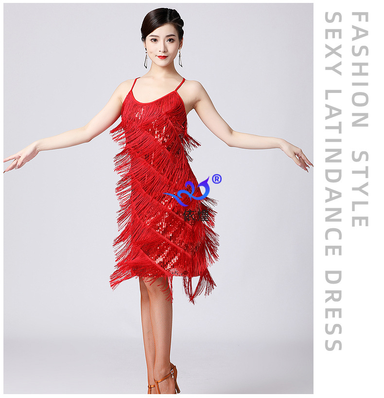 Picture of Latin Dance Sequined Tassel Skirt Latin Dance Skirt V Neck Party Dance Skirt Performance Clothing Stage Performance Competition Clothing