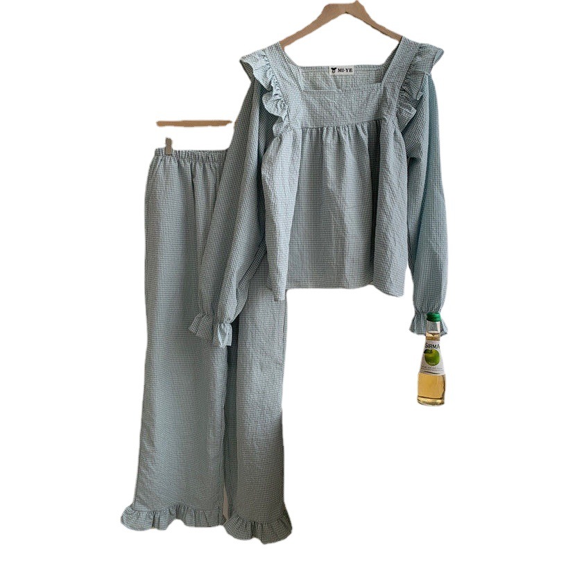 Pajama women autumn and winter ins Wind long sleeved pants home clothes Loveless cute lattice can wear two-piece outside