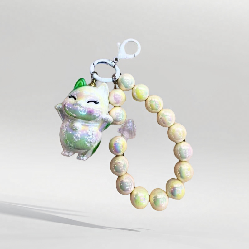 Picture of Girl heart lucky cat beads keychain two-color pearl beaded mobile phone chain bag keychain pendant