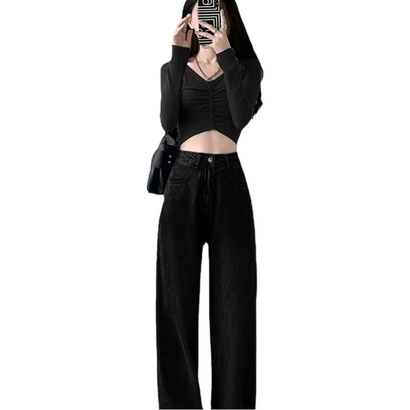 Black straight jeans women's high waist slimming summer thin 2024 new small wide leg mop pants