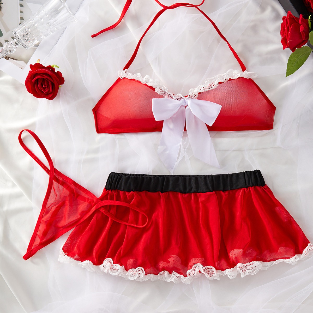 2024 New European and American Sexy Set Women's Mesh Yarn Neck Set Two-Piece Sexy Underwear Women's Cross-Border Supply