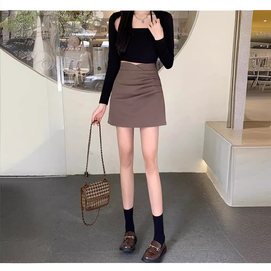 2023 New a-shaped Outer Wear Skirt Irregular Hip Skirt Women's Design Pleated High Waist Slim a-shaped Outer