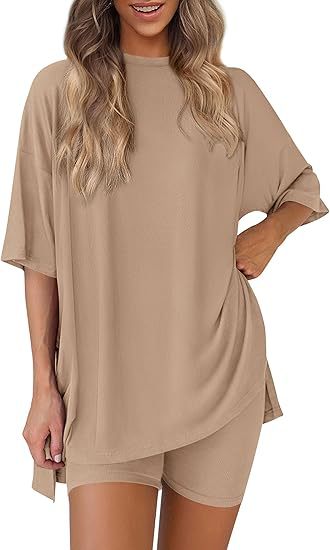 Picture of Cross-border foreign trade Amazon 2025 new women's casual round neck split loose shorts short sleeve home clothes suit