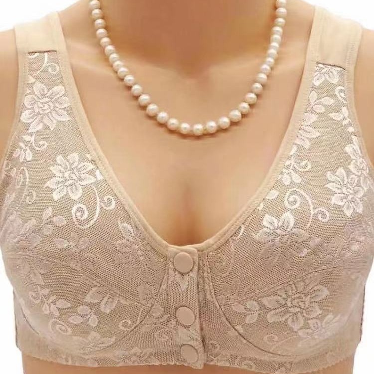 New middle-aged and elderly mother lace front buckle plus size comfortable thin wireless vest underwear bra for women