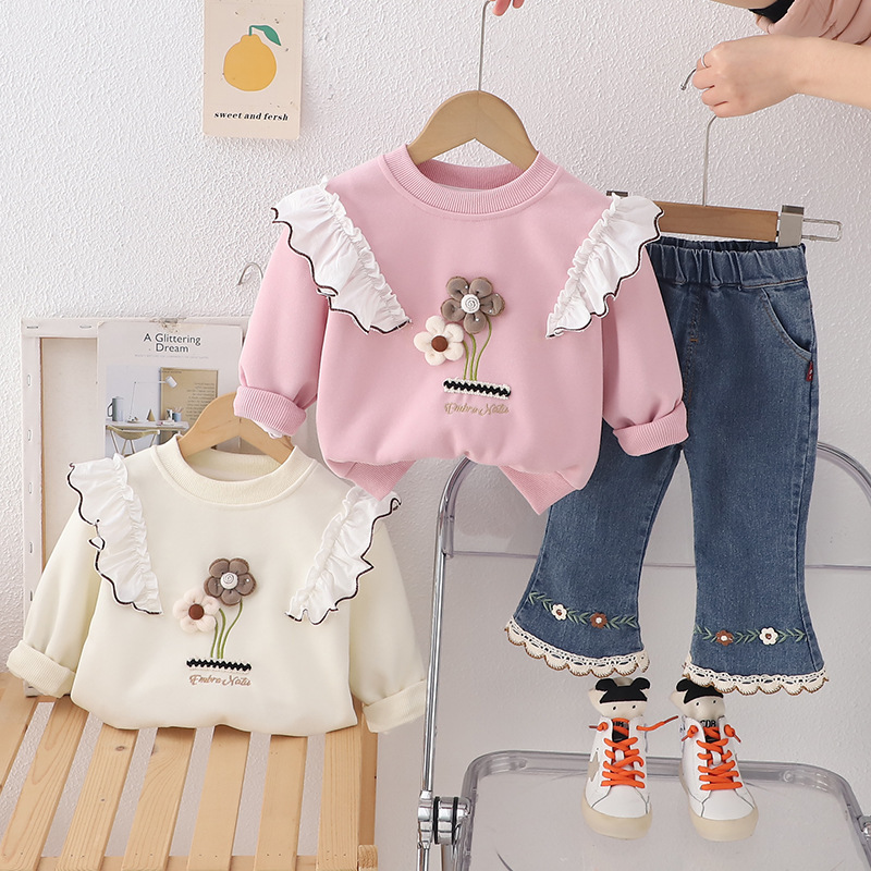 Girls' 2025 New Spring Dress suit Fashionable Children's Fashionable Baby Spring and Autumn Three-dimensional Flower Long-sleeved Two-piece Fashionable Set