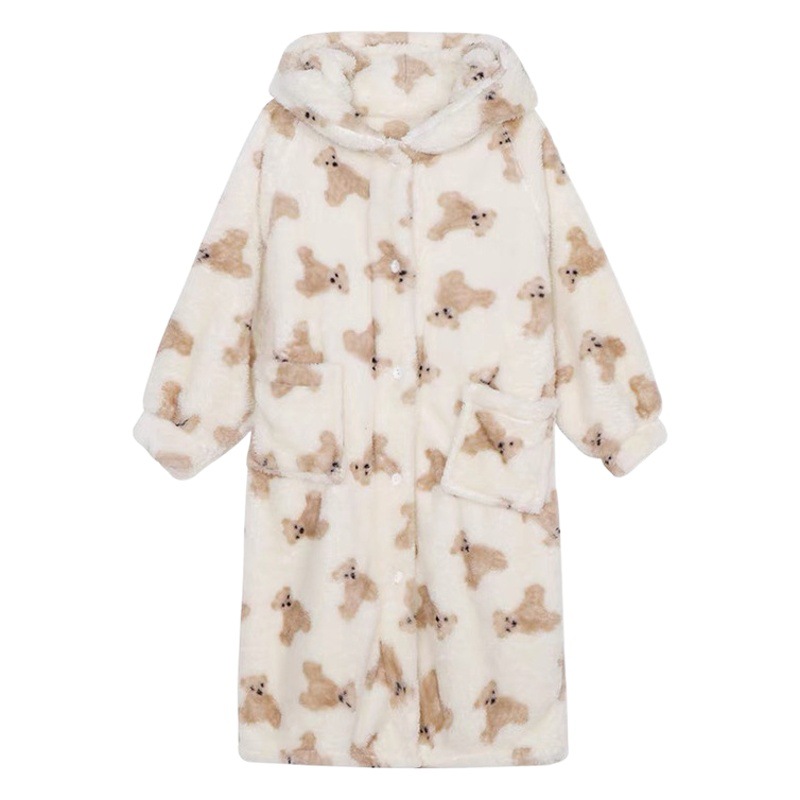 Pajamas Women's Autumn and Winter Coral Fleece-Lined Thickened Cyber Celebrity Cartoon Bear Nightgown Sweet Cute Nightgown Home Clothes