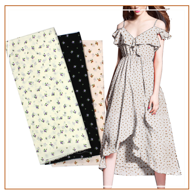 Hibiscus linen small floral printed fabric dress shirt suspender skirt women's children's clothing semi-transparent thin women's skirt fabric