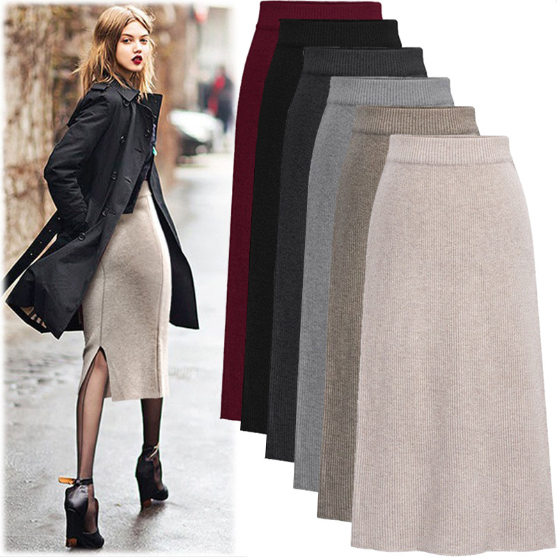 Picture of Skirt women's slimming mid-length plus size woolen skirt split hip skirt one-step skirt high waist long skirt 75cm
