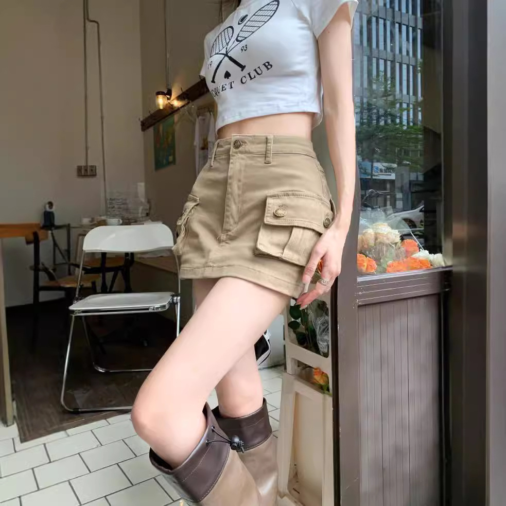 Summer khaki Spice Girl Women's Retro Skirt High Waist Short Skirt A Workwear Skirt Anti-glare Denim Slim