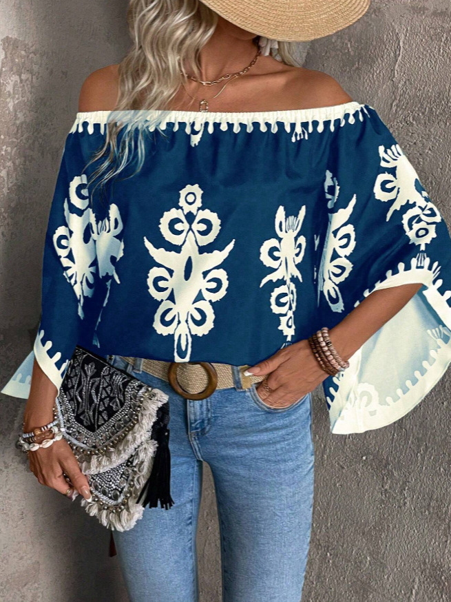Picture of Amazon 2025 AliExpress Cross-border European and American New Fashion Loose Printed Bat Sleeve Top for Women