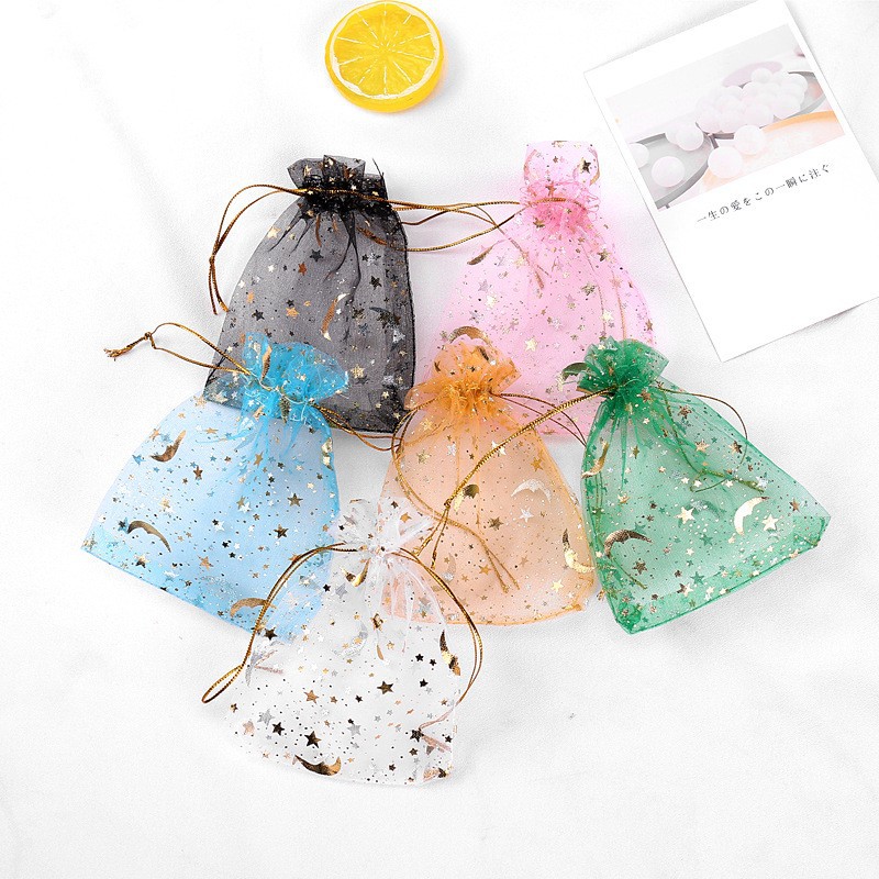 Wholesale Bronzing Star and Moon Gauze Bag Organza Jewelry Packaging Bag Drawstring Cosmetics Storage Bundle Flap Pocket Pants Wedding Candy Bag