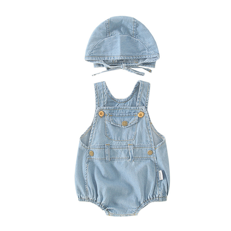 Picture of ins Summer Baby Boys and Girls Baby Light Denim Hat Two-Piece Triangle Climbing Suit