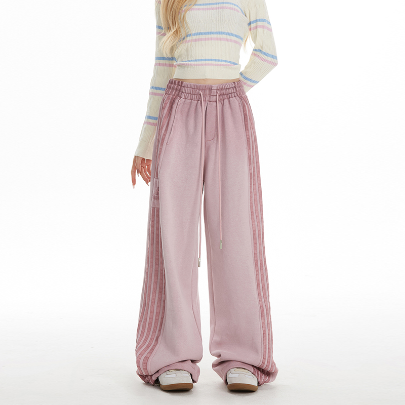 [300g cotton composite edging] striped retro sports pants women's jazz dance pink wide leg straight pants