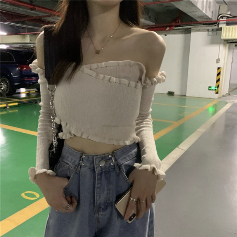 Early Autumn One-Shoulder Solid Color Stripesd Fungus Lace Discreet Off-Shoulder Knitted Top Mother's Knitted Style