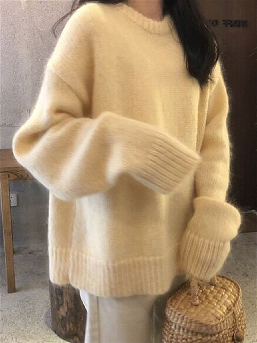 Korean Style Knitted Sweater Women's Pullover Lazy Style Loose Thickened Autumn and Winter Outer Wear New Round Neck Inner Base Shirt for Women